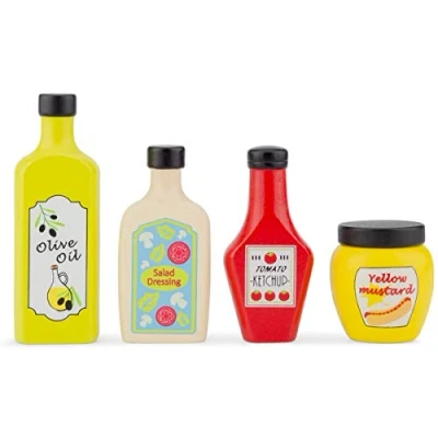 Image of New Classic Toys 10599 Wooden Pretend Play Kids Condiments Set Cooking Simulation Educational Color Perception Toy for Preschool Age Toddlers Boys Girls, Multi Colour Colour, 4 Pieces Drinks