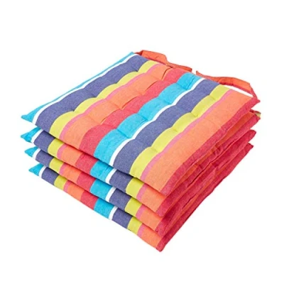 Image of HOMESCAPES Multicolour Stripe Seat Pad Cushion for Dining Chairs Set of 4 100% Cotton Chair with Straps 40 x cm