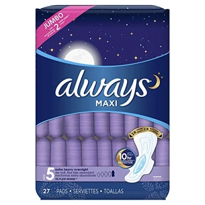 Image of Always Maxi, Size 5, Extra Heavy Overnight Pads with Flexi Wings, Unscented, 27 Count. 2 Pack. (Includes (2) Count Packages So You are Getting 54 Total.) Jumbo Over 4 Month Supply.