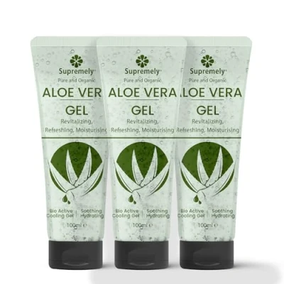 Image of Supremely Organic Aloe Vera Gel 100% Pure from Freshly Cut Leaves No Acrylates or Crosspolymers Fast Absorbing &amp; Non Sticky 100ml (Pack of 3)