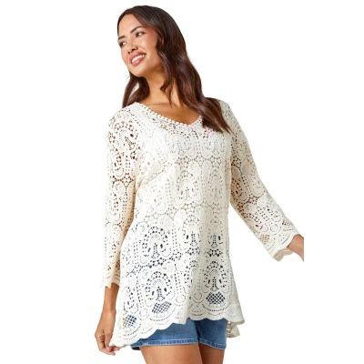 Image of Roman Womens Cotton Crochet Tunic Top Natural Size 10 UK