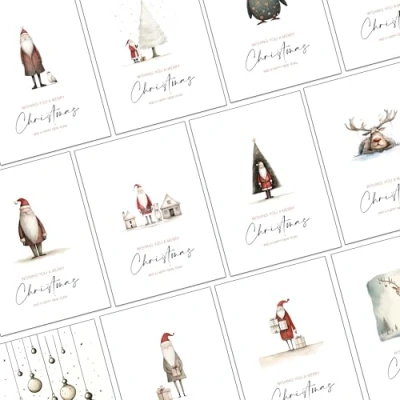 Image of 30 Eco Friendly Whimsical Illustrated Christmas Cards 2024 with Recycled Red Envelopes