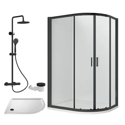 Image of Balterley Ruwa Shower Enclosure Bundle Offset Right Quadrant, Tray, Round &amp; Waste White/Black 1200mm x 800mm