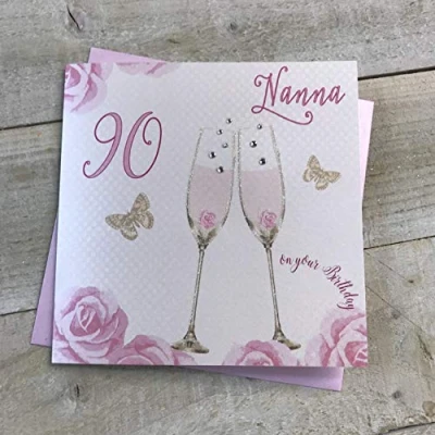 Image of Happy 90th Birthday Card Nanna Champagne Glasses Pink Roses by White Cotton Cards SS42 NNA90