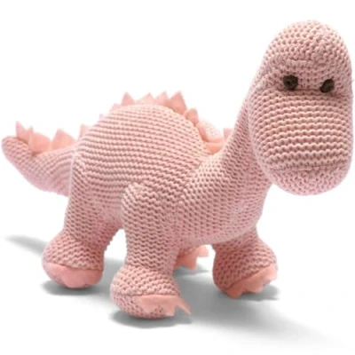 Image of Best Years Knitted Organic Cotton Pastel Pink Diplodocus Dinosaur Baby Rattle Newborn Gift Safe from Birth Machine Washable 21cm x 24cm Ethically Sourced