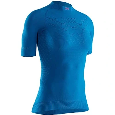 Image of X BIONIC Women Twyce 4.0 Run Short Sleeve Shirt Teal Blue/Neon Flamingo, Large