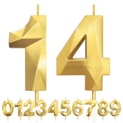 Image of 14th Birthday Candles, Number 14 Candle, Gold Candles for Cake, Diamond 3D Happy Cake Candle Decorations Party Wedding Anniversary Celebration Supplies
