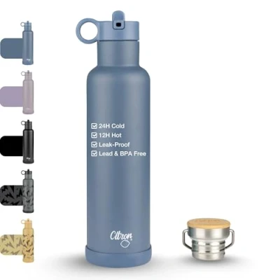 Image of Citron Stainless Steel Insulated Water Bottle 750ml Blue, 24H Cold &amp; 12H Hot, 2 Lids, BPA Free