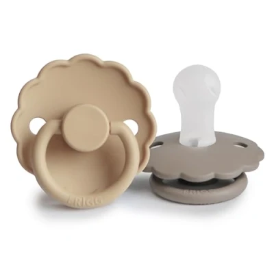 Image of FRIGG Daisy Silicone Pacifier Pack of 2 Soother Dummy BPA Free Made in Denmark Symmetrical Cherry Shaped Nipple (Croissant/Portobello, Size 1 (0 6 Months))