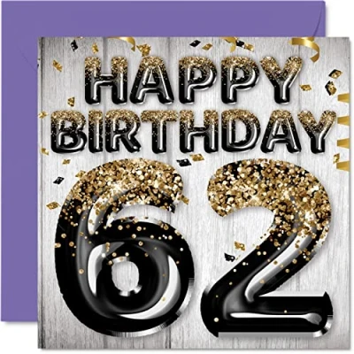 Image of 62nd Birthday Card for Men Black &amp; Gold Glitter Balloons Happy Cards 62 Year Old Man Dad Grandad Grandpa Gran Uncle, 145mm x Sixty Two Second Bday Greeting Gift