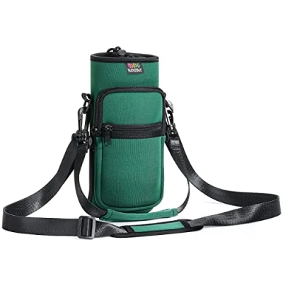 Image of Nuovoware Water Bottle Carrier Bag, 25oz/32oz Pouch Holder, Adjustable Shoulder Hand Strap 2 Pocket Sling Neoprene Sleeve Sports Bag for Men Women Hiking Travelling, Dark Green