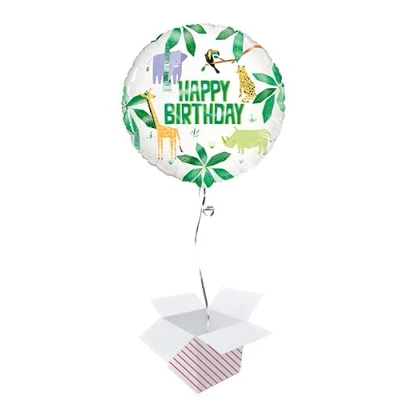 Image of Animal Safari Happy Birthday Round Foil Helium Balloon Inflated in a Box