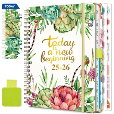 Image of Diary 2025 2026 Week to View A5 Academic July June (12 Months) Planner with Self adhesive pen loop, Ruler Bookmark &amp; Stickers (Grass green)