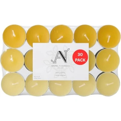 Image of Aroma Naturals London Scented Tealight Candles Bag 4 Hour Burn Time Standard Size D3.77 x H1.45cm Three Tone Coloured Wax &amp; Aluminium Cups Pack of 30 Tea Lights Scent (Lemon Verbena)