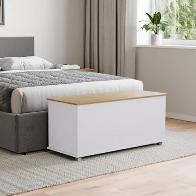 Image of Vida Designs Arlington Storage Ottoman, Wooden Chest with Lid, Seat, Stool, Window Bench, Blankets, Bedding, Toy Box, Footstool, White