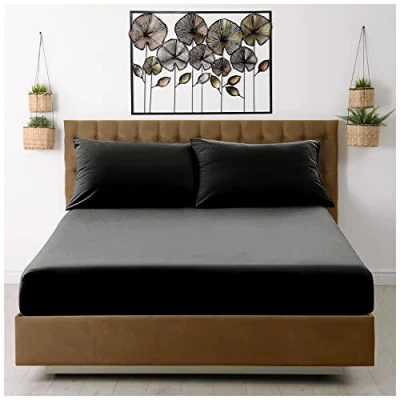 Image of Microfiber Fitted Sheet Double Plain Dyed Bedding Black Bottom Bed