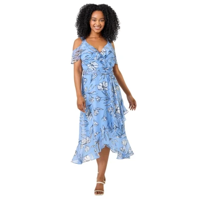 Image of Roman Petite Women Floral Print Cold Shoulder Midi Dress Ladies Spring Everyday Summer Evening Vacation Work Holiday Smart Casual Blue Size 12