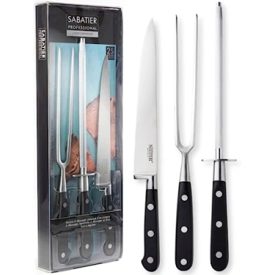Image of Sabatier Professional 3 Piece Carving Knife, Fork &amp; Sharpening Steel Set