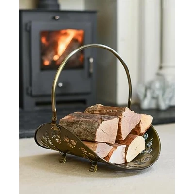 Image of Black Country Metal Works Antique Brass Curved Log Rack &amp; Holder With Handle
