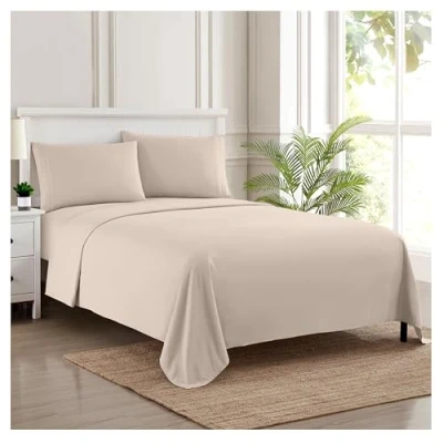 Image of Sweet Home Collection Luxury Bedding Set with Flat, Fitted Sheet, 2 Pillow Cases, Microfiber, Beige, King