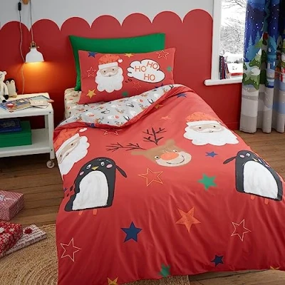Image of Bedlam Santa Claus, Reindeer &amp; Penguin Duvet Cover Single Bedding Size (140 x 200cm) Reversible (2 Designs) 1x Pillowcase Christmas Cartoon Xmas Decorations