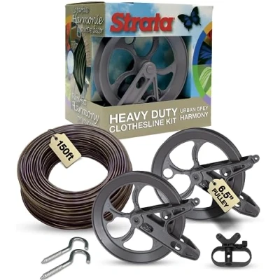 Image of Strata Urban Grey Harmony Clothesline Outdoor Heavy Duty Kit 150 Feet Galvanized Wire Mocha PVC Coating, 6.5&quot; Pulley 2pcs, Metal Mini Winch Tightener 1pc &amp; 2 Hooks