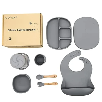 Image of Baby Weaning Set Toddler Feeding Suction Plate, Cup, Bowl, Spoon, Fork, Snack Lid Silicone and Wood Materials (Grey)