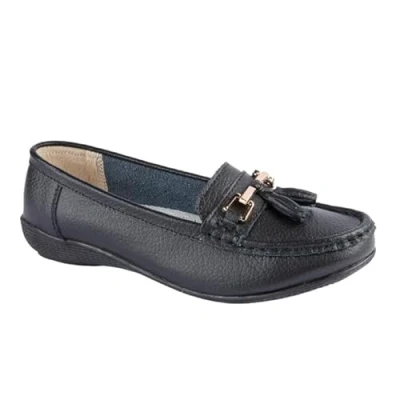 Image of Jo &amp; Joe Ladies Wide Fit Flat Leather Tassel Moccasins Loafer Nautical Shoe Plimsole Pumps Womens. Black Size 7