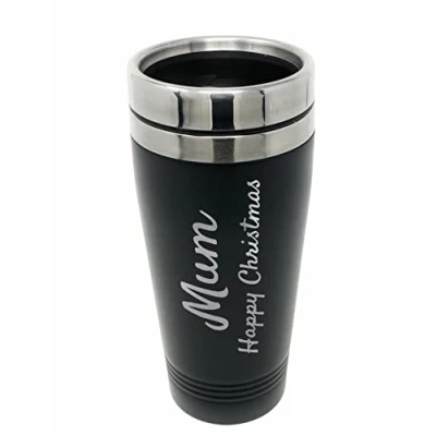Image of Rutherfords Gifts Personalised Travel 450ml Mug Reusable Coffee Cup Vacuum Insulated Engraved Thermal Black Flask