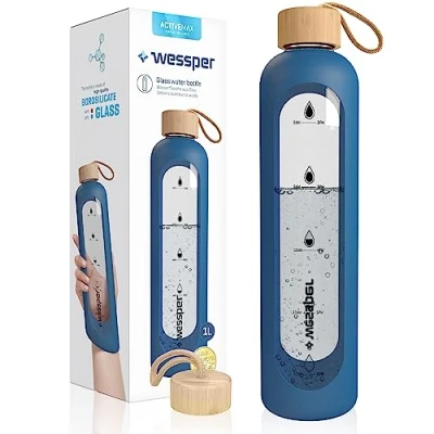 Image of Wessper Drinkmotivation Borosilicate Glass Bottle with Time Markings 1 Litre Airtight Drinking Bamboo Lid Reusable Silicone Cover Blue WES260