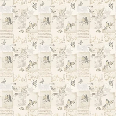 Image of MyTinyWorld Dolls House Miniature Pale Beige Birds And Butterfly Wallpaper