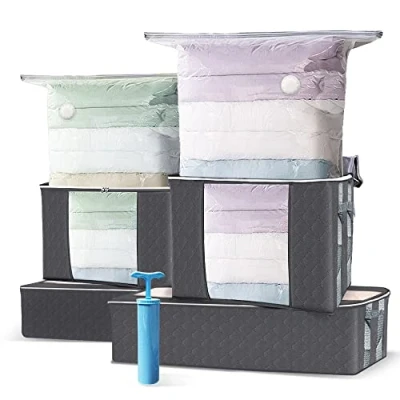 Image of VOUNOT Set of 9 Clothes Storage bag with Large Capacity Vacuum 3 Foldabale EDENOO Reinforced Handle Bags Hand Pump for Bedding and