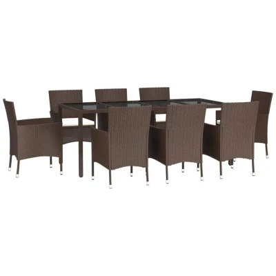 Image of vidaXL 9 Piece Garden Dining Set with Cushions Brown Poly Rattan