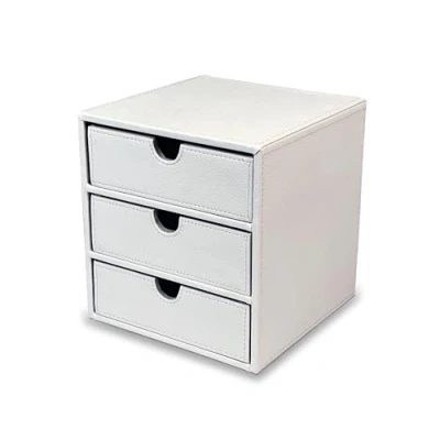 Image of OSCO White Faux Leather 3 Drawer Chest Small Item Storage Stackable Lego Container Makeup Jewellery Box Stationery Organiser Not A4 Size H18.2 x W17 D17 cm