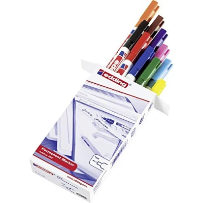 Image of edding 400 permanent marker multi coloured 10 pens fine round nib 1 mm waterproof, quick drying, smear proof for cardboard, plastic, wood, metal, glass and fabric