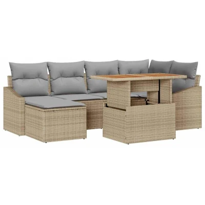 Image of vidaXL 7 Piece Garden Dining Set with Cushions Beige Poly Rattan Acacia