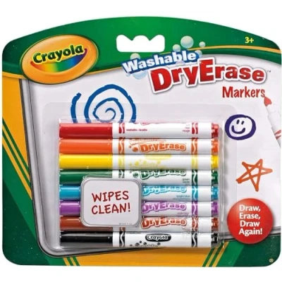 Image of CRAYOLA Washable Dry Erase Markers Assorted Colours (Pack of 8) Low Odour, Easy Wiping Colouring Fun! Ideal for Kids Aged 3+