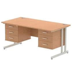 Image of Impulse 1600x800 Desk Beech Silver Cantilever Leg + 2x Fixed Pedestal