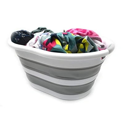 Image of SAMMART 36L Collapsible Plastic Laundry Basket Oval Tub/Basket Foldable Storage Container/Organizer Portable Washing Tub Space Saving Hamper, Water Capacity: 28L (Grey, 1)