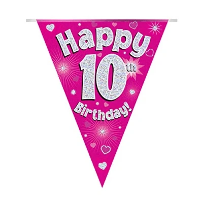Image of OAKTREE UK 630604 Party Bunting Happy 10th Birthday Pink Holographic 11 Flags 3.9m