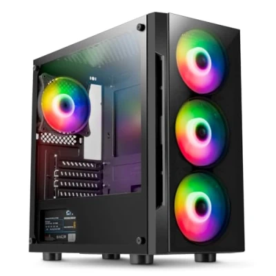 Image of CiT Flash ARGB PC Gaming Case, Micro ATX, 4 x 120mm Rainbow Fans Included, Tempered Glass, LED Button, 8 Fan Support, Water Cooling Ready Black