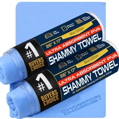 Image of Champion Chamois Premium Synthetic Drying Cloth for Car Ultra Absorbent, Scratch Free, Washable Shammy 26&quot; x 17&quot; (2 Chamois, Blue)