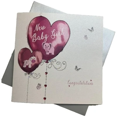Image of WHITE COTTON CARDS Girl Congratulations, Handmade Large New Baby Card (Pink, Toys)