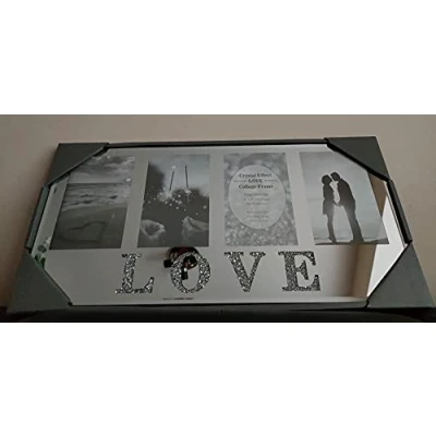 Image of EagleWiz Crystal Effect Silver Mirror LOVE Collage 6x4in 4 Photos Wall Frame Wedding Gift