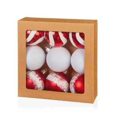Image of Premier Decorations Set of 9 x 6cm Shatterproof Baubles Red/White Assorted Finishes Luxury Christmas Tree Decorations, Hanging
