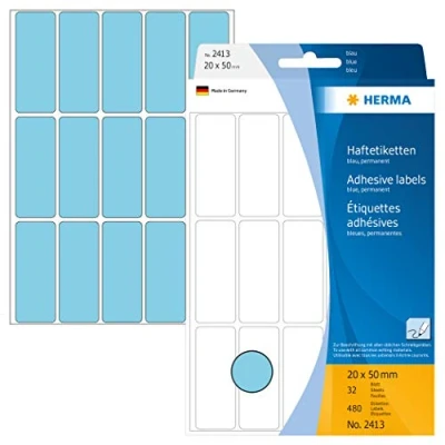 Image of HERMA Multi Purpose Labels, 15 Labels per Sheet, 32 Sheets, 20 x 50 mm, 480 Self Adhesive Small Stickers, Blank Sticky for Office Kitchen Home, Blue