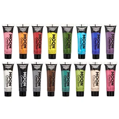 Image of Moon Creations Face &amp; Body Paint Tubes Set of 12 12ml Ready to Use No Flake Cruelty Free, Made in UK for Kids, Adults, Fancy Dress, Festivals, Halloween More