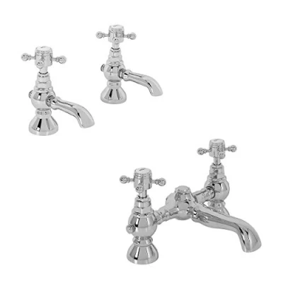 Image of Traditional Bathroom Brass Dual Pillar Basin &amp; Bath Tap Faucet Pack Chrome