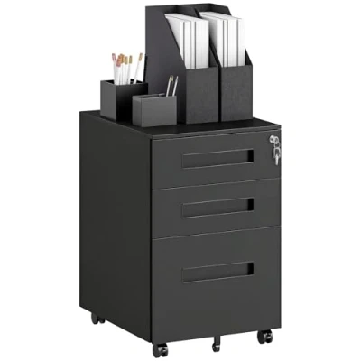 Image of Vinsetto Metal Mobile File Cabinet with Wheels, Lockable 3 Drawer Filing for A4, Legal, Letter, Under Desk Office Pre Assembled Body Home Office, 39 x 48 60 cm, Black
