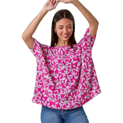 Image of Roman Originals Leaf Print Oversized Top for Women UK Ladies Everyday Holiday Spring Summer Round Neckline Comfy Soft Evening Vacation Work Party Magenta Size 10